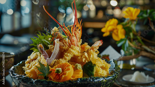 A golden Japanese tempura featuring an assortment