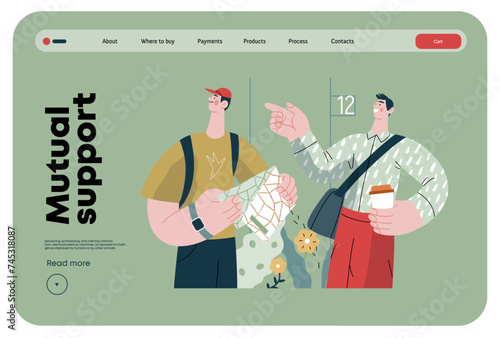 Mutual Support: Directing a passerby -modern flat vector concept illustration of man pointing the way to a tourist. A metaphor of voluntary, collaborative exchanges of resource, services