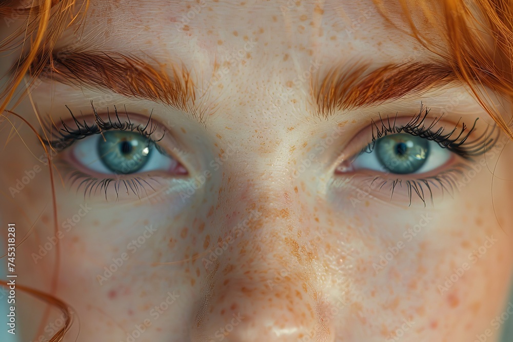 Close-up of a Scandinavian woman with vivid blue eyes, framed by red hair, and adorned with a delicate smattering of freckles, showcasing the beauty of unique facial features Close-up of a Scandinavian woman with vivid blue eyes, framed by red hair, and adorned with a delicate smattering of freckles, showcasing the beauty of unique facial features