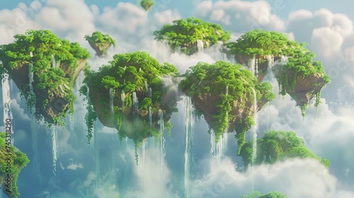 Anime-Inspired Floating Islands with Cascading Waterfalls Macro Shot