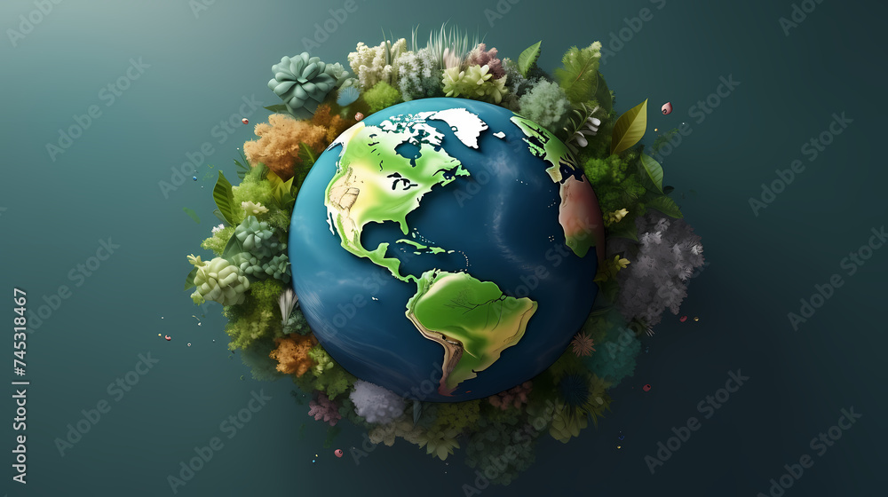 Illustration of earth surrounded by green leaves on soft blue background Illustration of earth surrounded by green leaves on soft blue background