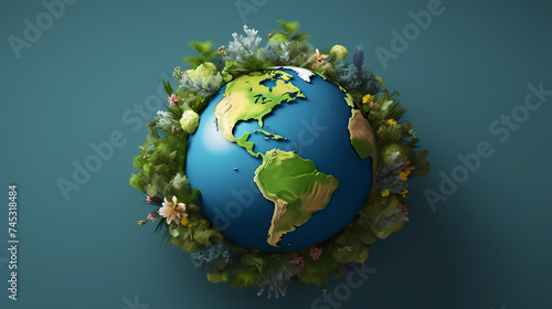 Illustration of earth surrounded by green leaves on soft blue background