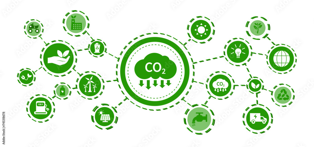 CO2 related Vector includes icons such as greenhouse gas emissions levels. Environmentally friendly production, earth, etc. with white icons on green background. CO2 related Vector includes icons such as greenhouse gas emissions levels. Environmentally friendly production, earth, etc. with white icons on green background.