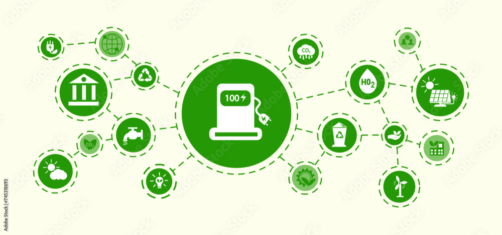 Neutral and net zero carbon concept, natural environment Long-term climate-neutral strategy Greenhouse gas emissions target with white icon on green background