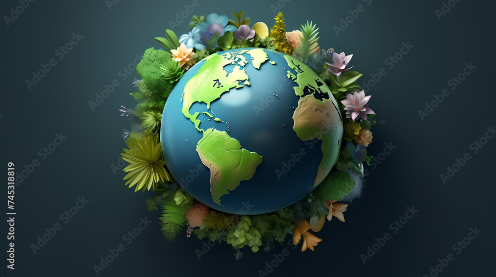 Illustration of earth surrounded by green leaves on soft blue background Illustration of earth surrounded by green leaves on soft blue background