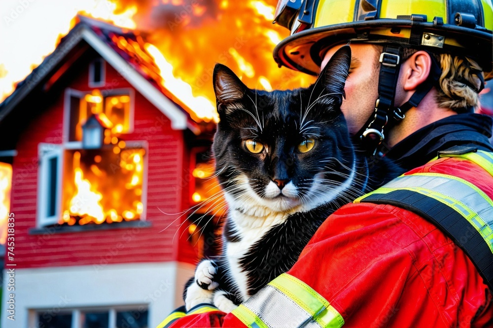Firefighter with a cat on the background of a burning house.
