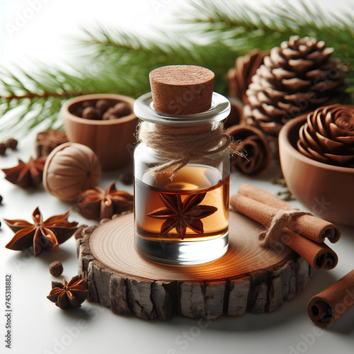 glass bottle of cedar essential oil on white background