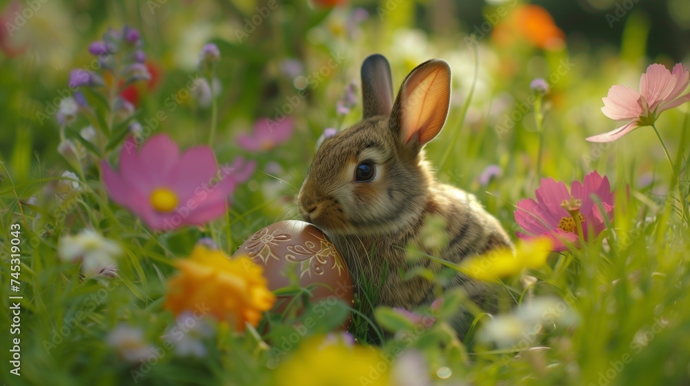 a bunny inside an Easter egg, in grassy lawn full of flowers, closeup a bunny inside an Easter egg, in grassy lawn full of flowers, closeup