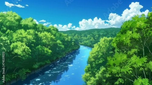 Tranquil Anime River Landscape with Greenery Top-Down View