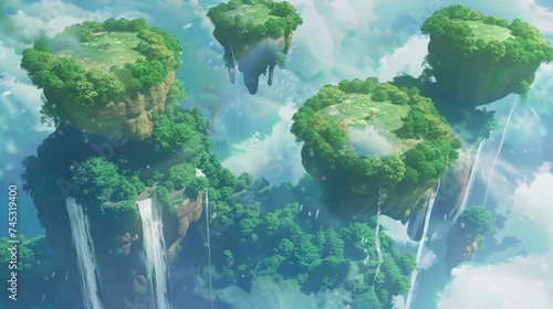 Anime-Inspired Floating Islands with Cascading Waterfalls Macro View © CommerceAI