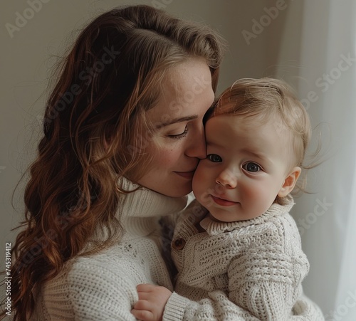 baby boy and mother in front of white wall