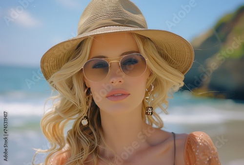 beautiful blonde woman in hat and sunglasses by the sea
