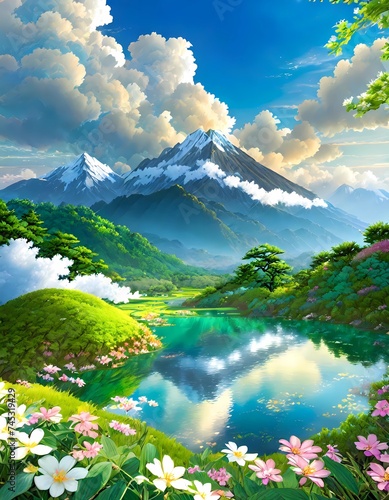 a vibrant and picturesque scene, beautifully rendered in a style that is reminiscent of anime. It depicts an aerial view of a serene landscape with lush green mountains that gently lake