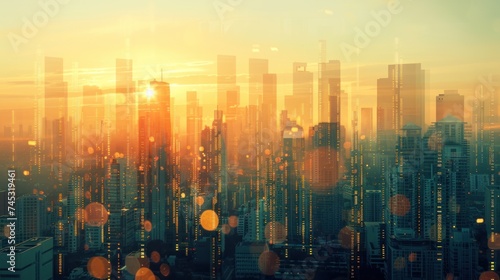Cityscape, financial graph, rows of coins, and empty space combined in a double exposure image