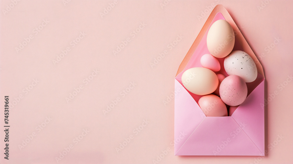 Draufsicht. Flat Lay Design. Pastellfarbene Eier in einem rosa Umschlag auf rosa Hintergrund mit Platz für Text Draufsicht. Flat Lay Design. Pastellfarbene Eier in einem rosa Umschlag auf rosa Hintergrund mit Platz für Text