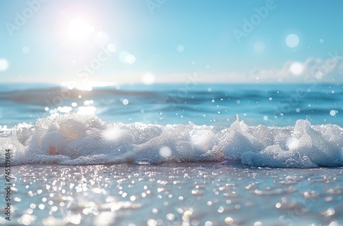 beach landscape with sea waves over blue sky and sun with sunny sky and sun rays
