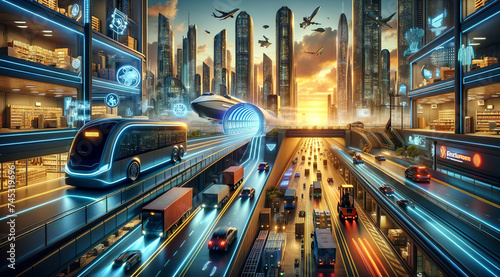 Futuristic cityscape at sunset with advanced transportation including a levitating train, autonomous vehicles, and drones, against a backdrop of high-rise buildings.AI generated.