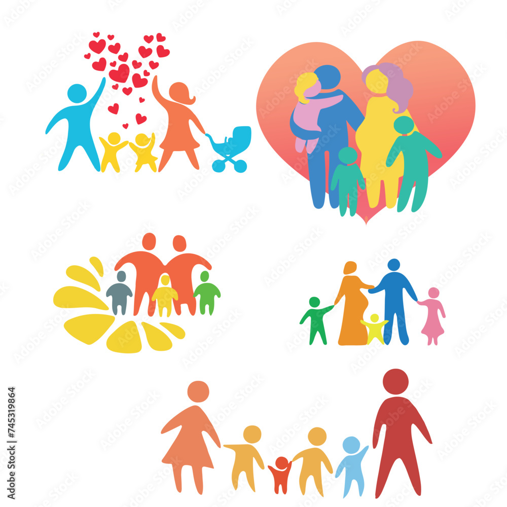 Fototapeta premium Large family, love, color icons of father, mother and children, vector drawing 