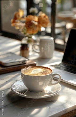 coffee on a white plate with laptop and mug