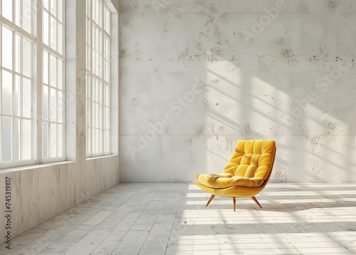 an empty white room with yellow chair