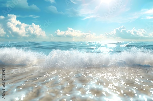 beach landscape with sea waves over blue sky and sun with sunny sky and sun rays
