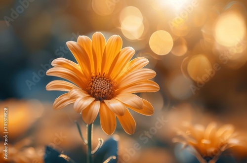 an orange flower washed with sunlight over the sun