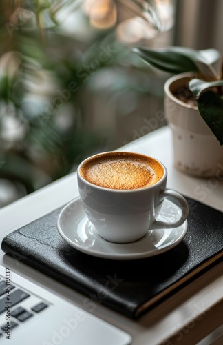 coffe on black notebook with laptop on an office desk