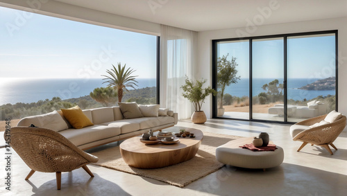 Villa de lujo minimalista con vista al mar Mediterráneo, interiores modernos y elegantes