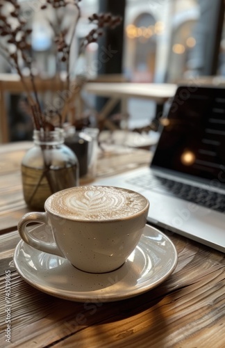 coffee on a white plate with laptop and mug