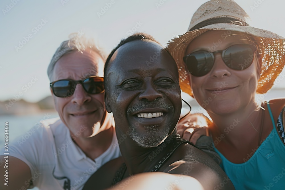 Holiday Bliss: Group Portrait of Mature Friends of Different Races, Traveling Together Holiday Bliss: Group Portrait of Mature Friends of Different Races, Traveling Together