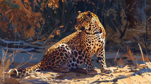 A leopard is sitting on the ground under the sun