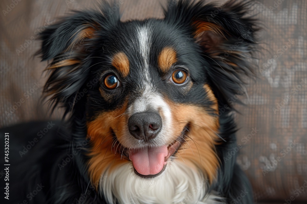 Close-up portrait of a tri-colored border collie with tongue out, exuding happiness and playfulness against a soft-focus background
