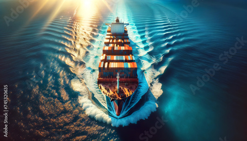 Aerial view of a large cargo ship cutting through the blue ocean, creating a V-shaped wake as the sunlight glistens on the water's surface. Transport of containers concept. AI generated. photo