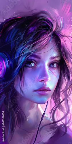 Girl Listening Music with Headphones Colorful Concept Drawing Art image HD Print 4608x9216 pixels ar1:2. Neo Modern Art V5 12 photo