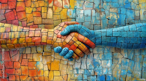 Vibrant mosaic artwork depicting a handshake symbolizes partnership and unity on a textured wall.