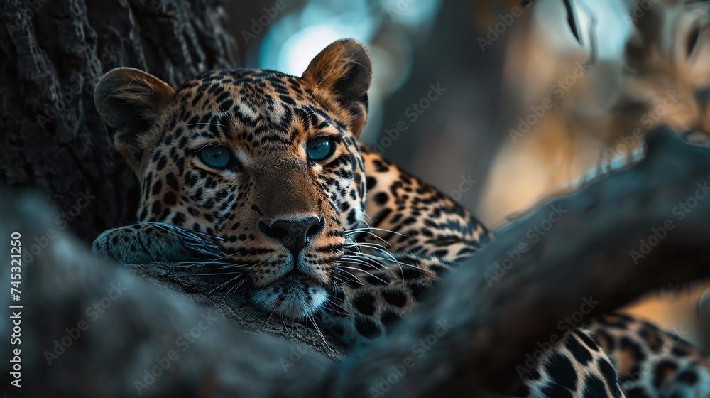 Naklejka premium majestic leopard resting on a tree in stunning closeup shots