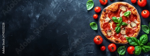 a pizza with tomatoes and basil on a wooden table