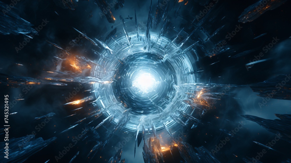 Fototapeta premium Abstract ice crystals form amidst the explosion. Cold design merges with the frozen blast.