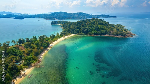 summer vacation destination, aerial view of a stunning beach and azure sea waters