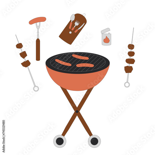 Grill bbq with sausages isolated on white background. Mangal brazier barbecue. Summer outdoor backyard cookout. Vector flat illustration.