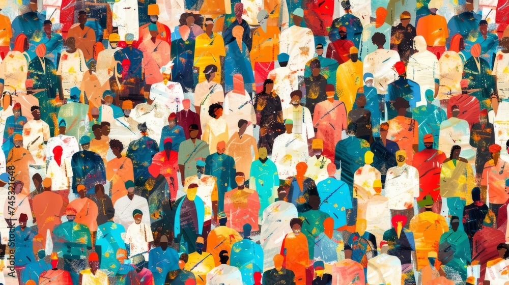 Vibrant diversity: abstract art seamless pattern of colorful people crowd. Illustration celebrating multi-ethnic community and cultural diversity in modern collage painting