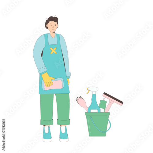 Cleaning service staff. Young man with housekeeping tools isolated on white background. janitor standing with bucket and supplies for cleanup. Vector flat illustration