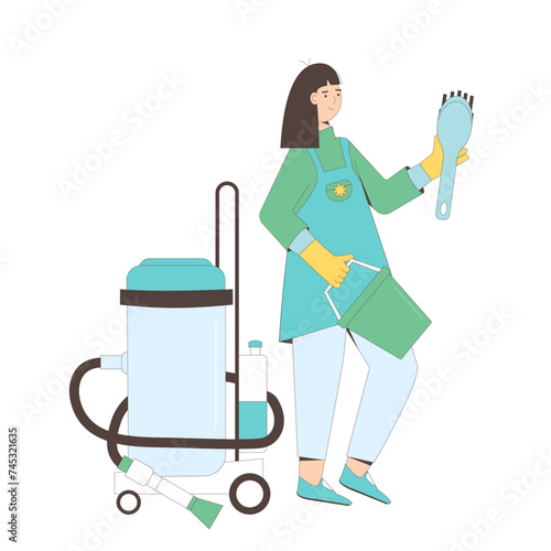 Cleaning service. Young woman with housekeeping tools isolated on white background. Janitor standing with wet vacuum cleaner, bucket and brush. Vector flat illustration