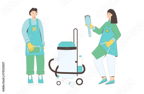 Cleaning service staff team. Vector man and woman work in home. Janitors with housekeeping tools.