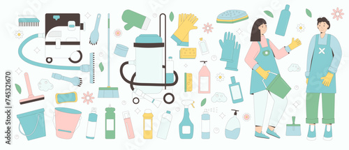 Spring cleaning set isolated on white background. Housekeepers and season wash home items and equipment collection. People with vacuum, gloves brushes and supplies bottles. Vector flat illustration