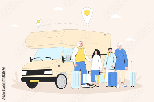 Family travelling. Grandparents and two teenagers standing near caravan, camper trailer. Road trip on outdoor vacation. Spring holiday journey. Vector flat illustration