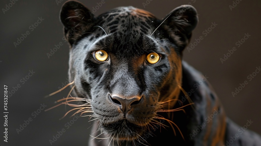 closeup of a majestic black panther, isolated against a dark background with piercing yellow eyes