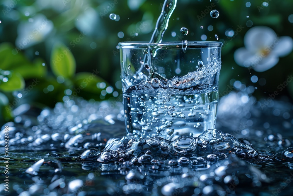A crisp and vibrant image capturing a glass of water with dynamic splash surrounded by glistening bubbles and wet surface A crisp and vibrant image capturing a glass of water with dynamic splash surrounded by glistening bubbles and wet surface