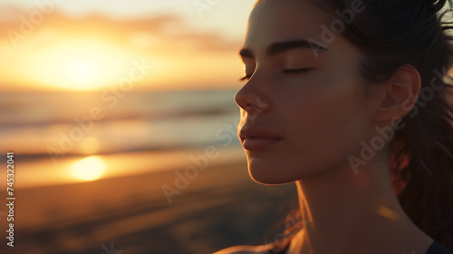Mulher jovem praticando ioga em uma praia isolada ao pôr do sol com o oceano ao fundo © Alexandre