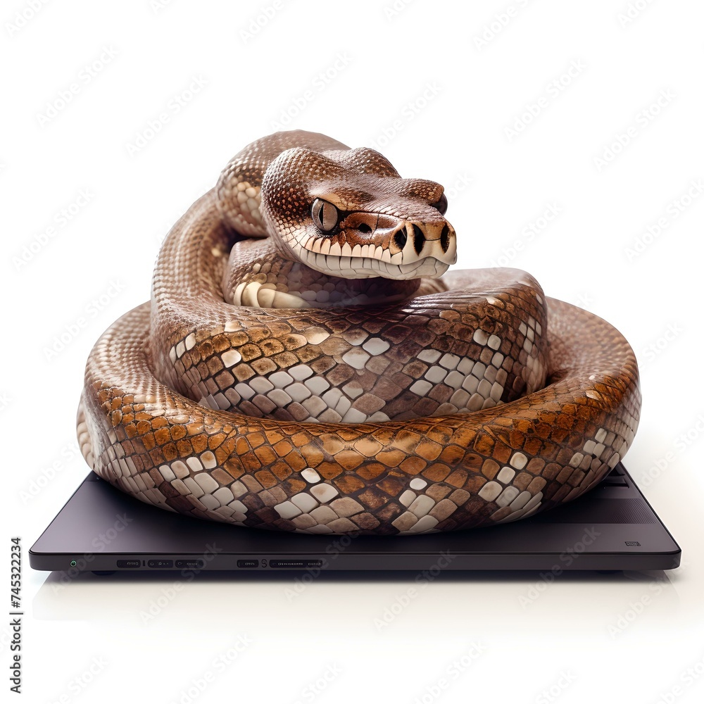 Obraz premium Python coiled on a laptop, isolated on a white background